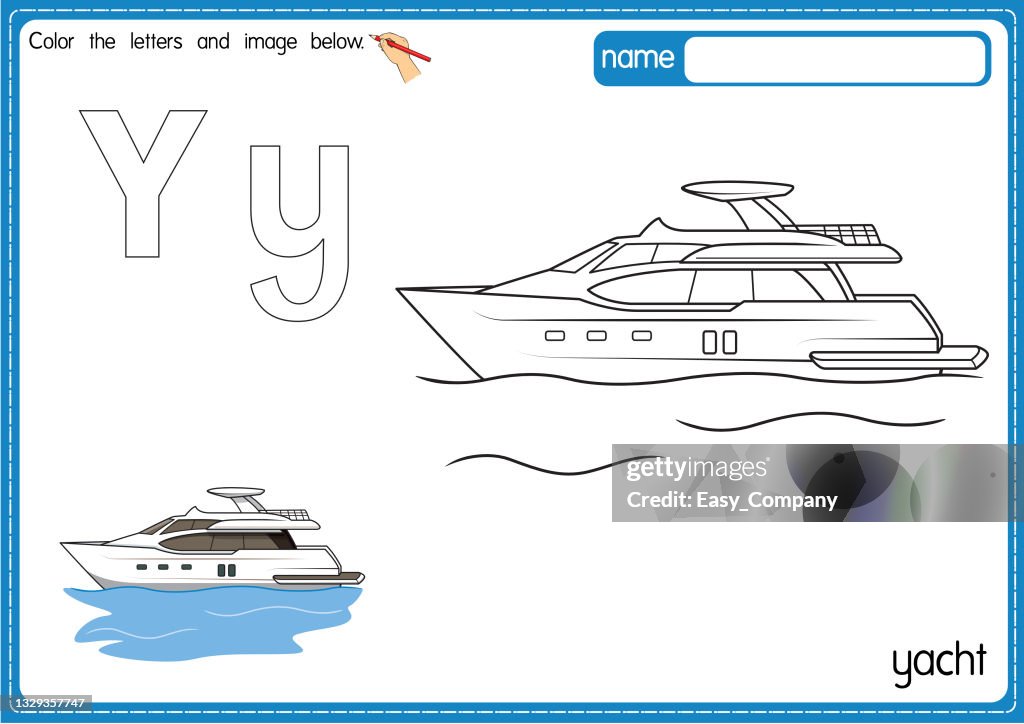 Ilustración vectorial de la página del libro para colorear del alfabeto de los niños con imágenes prediseñadas delineadas para colorear. Letra Y para yate.