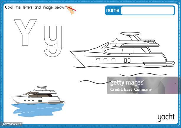vector illustration of kids alphabet coloring book page with outlined clip art to color. letter y for yacht. - mooring post stock illustrations