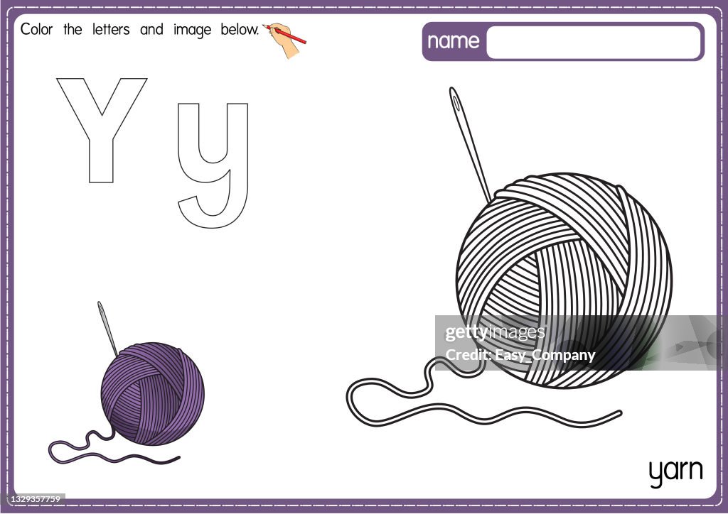 Illustration vectorielle de la page du livre de coloriage de l’alphabet pour enfants avec une image clipart en couleur. Lettre Y pour fil.