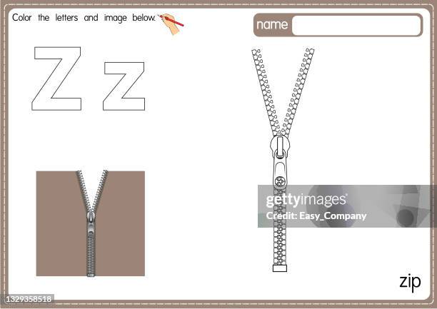 bildbanksillustrationer, clip art samt tecknat material och ikoner med vector illustration of kids alphabet coloring book page with outlined clip art to color. letter z for zip. - blixtlås