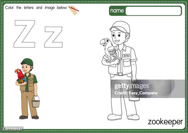 stockillustraties, clipart, cartoons en iconen met vector illustration of kids alphabet coloring book page with outlined clip art to color. letter z for zookeeper. - falconry