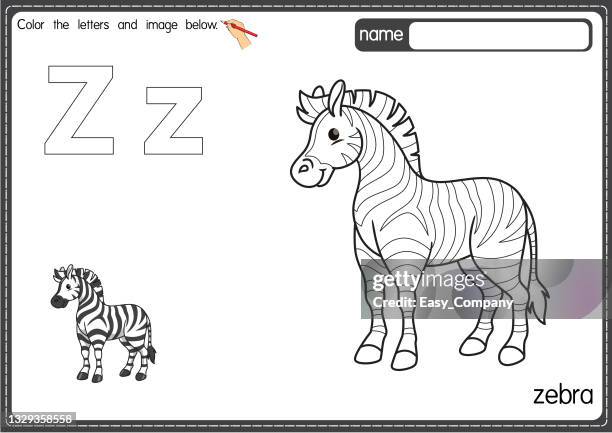 stockillustraties, clipart, cartoons en iconen met vector illustration of kids alphabet coloring book page with outlined clip art to color. letter z for zebra. - animal black backround isolated