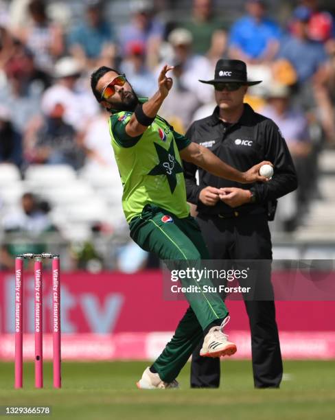 Pakistan bowler Imad Wasim in action during the Second Vitality Blast IT20 between England and Pakistan at Emerald Headingley Stadium on July 18,...