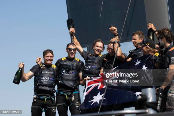 Day2 of racing, Australia SailGP Team helmed by Tom Slingsby with team mates Kyle Langford, Ed Powys, Nick Hutton and Rhys Mara celebrate winning the...