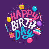 Hand drawn happy birthday lettering with balloons, confetti, cake and candles on purple background.