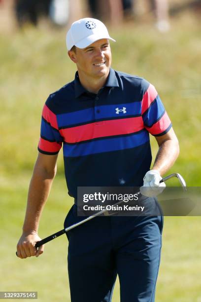 Jordan Spieth of the United States reacts on the ninth hole during Day Four of The 149th Open at Royal St George’s Golf Club on July 18, 2021 in...