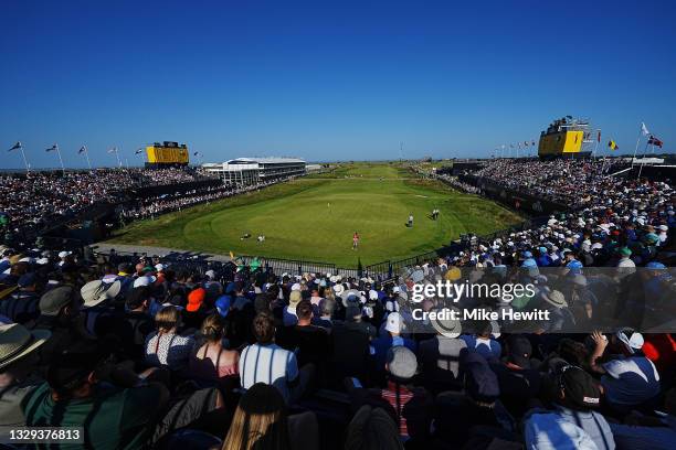General view of the 18th green as fans watch on during Day Four of The 149th Open at Royal St George’s Golf Club on July 18, 2021 in Sandwich,...