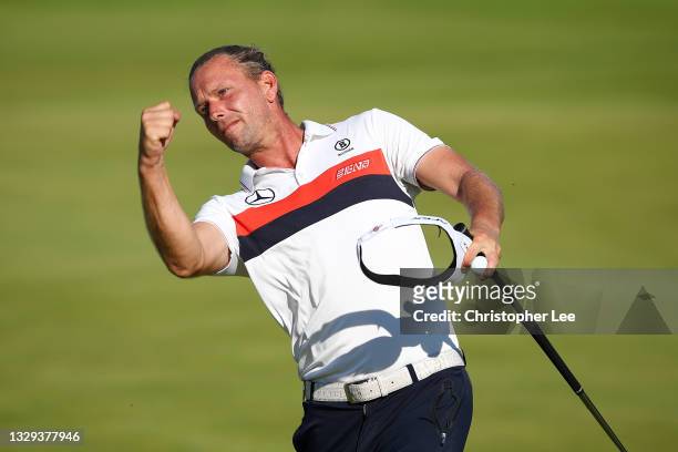 Marcel Siem of Germany celebrates after his round on the 18th hole during Day Four of The 149th Open at Royal St George’s Golf Club on July 18, 2021...