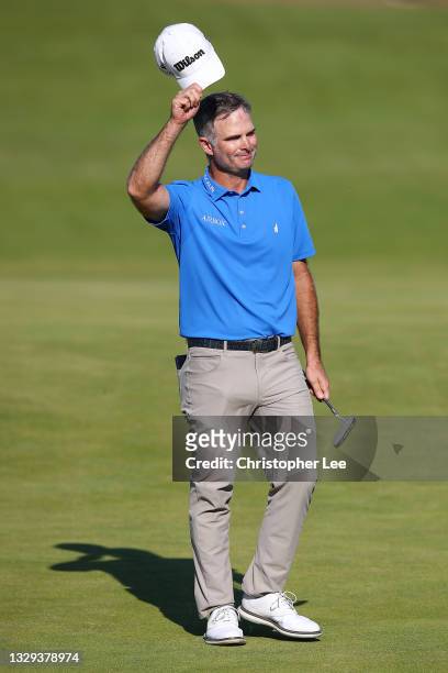 Kevin Streelman of the United States reacts after his round on the 18th hole during Day Four of The 149th Open at Royal St George’s Golf Club on July...