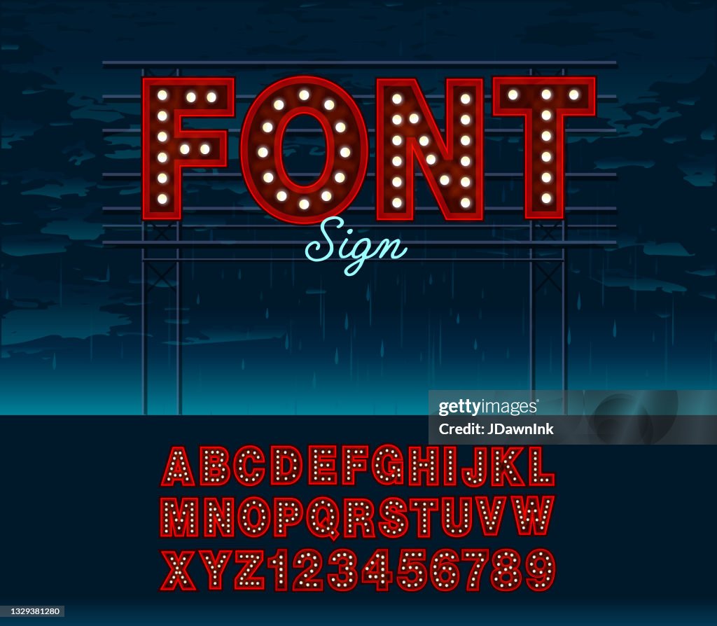 Film Noir Stil Neon Gerüst regen Nachtzeichen Illuminated Lights Font Design enthält Großbuchstaben und Zahlen Alphabet Set