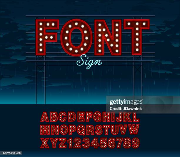 film noir style neon scaffold rainy night sign illuminated lights font design includes capital letters and numbers alphabet set - alphabet neon stock illustrations