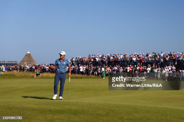Collin Morikawa of United States celebrates after he putts on the 14th green during Day Four of The 149th Open at Royal St George’s Golf Club on July...