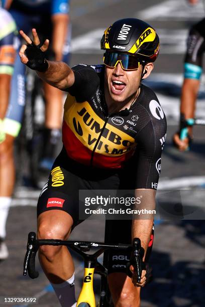 Wout Van Aert of Belgium and Team Jumbo-Visma celebrates at arrival during the 108th Tour de France 2021, Stage 21 a 108,4km stage from Chatou to...