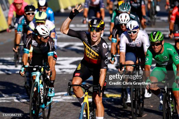 Wout Van Aert of Belgium and Team Jumbo-Visma celebrates at arrival ahead of Mark Cavendish of The United Kingdom and Team Deceuninck - Quick-Step...