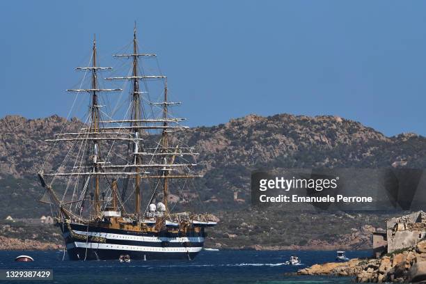 Panoramic view of the Italian training ship Amerigo Vespucci moored in front of the island of La Maddalena in Sardinia on July 18, 2021 in La...