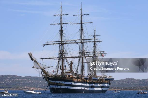 Panoramic view of the Italian training ship Amerigo Vespucci moored in front of the island of La Maddalena in Sardinia on July 18, 2021 in La...