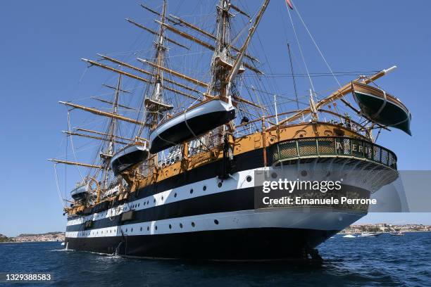 Panoramic view of the Italian training ship Amerigo Vespucci moored in front of the island of La Maddalena in Sardinia on July 18, 2021 in La...