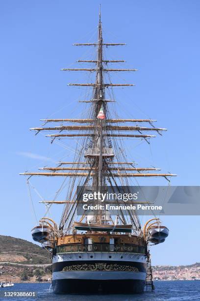 Panoramic view of the Italian training ship Amerigo Vespucci moored in front of the island of La Maddalena in Sardinia on July 18, 2021 in La...