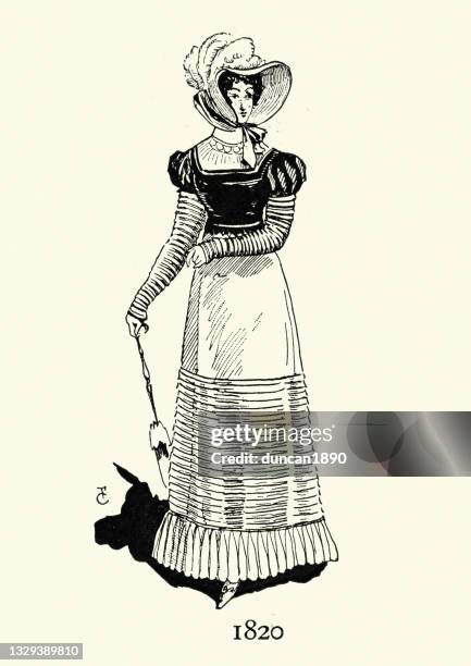 bildbanksillustrationer, clip art samt tecknat material och ikoner med woman wearing dress with horizontal stripes, bonnet, fashion of the 1820s, french - bonnet
