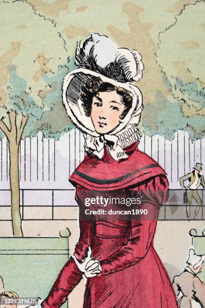 young woman in red dress, bonnet, french fashion early 19th century, period costume - bonnet stock illustrations