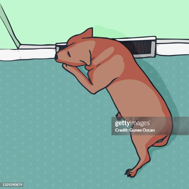 doggy sleeping by air vent - puppy enjoying at home - air scribbles stock illustrations