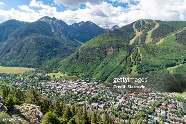 aerial view of telluride, colorado - telluride mountain stock pictures, royalty-free photos & images