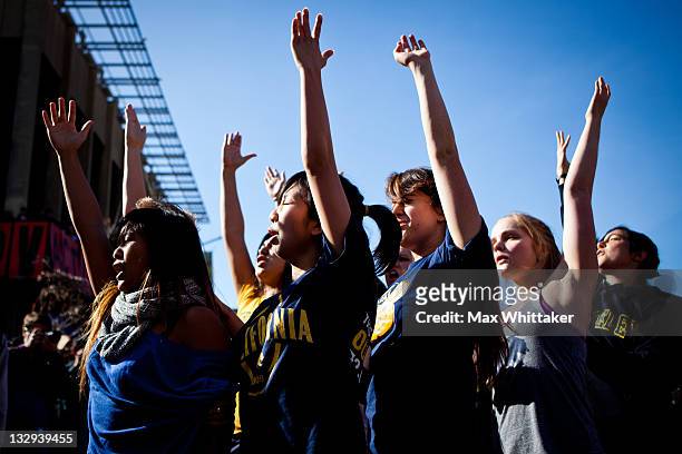 University of California, Berkeley students perform a protest dance during an "open university" strike in solidarity with the Occupy Wall Street...