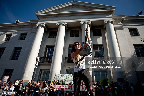 Will Crum plays protest songs as University of California, Berkeley students hold an "open university" strike in solidarity with the Occupy Wall...