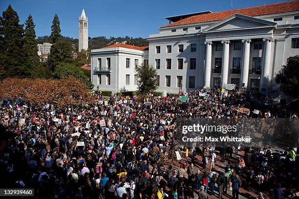 University of California, Berkeley students hold an "open university" strike in solidarity with the Occupy Wall Street movement November 15, 2011 in...