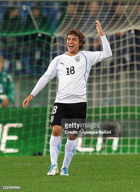 Sebastian Fernandez of Uruguay celebrates after scoring opening goal during the International friendly match between Italy and Uruguay at Olimpico...