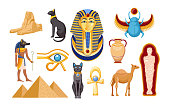 Set of Ancient Egypt Religious Symbols and Landmarks. Sphinx, Scarab and Camel, Mummy, Eye of Providence, Egyptian Icons