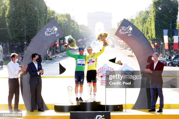 Mark Cavendish of The United Kingdom and Team Deceuninck - Quick-Step Green Points Jersey & Tadej Pogačar of Slovenia and UAE-Team Emirates Yellow...