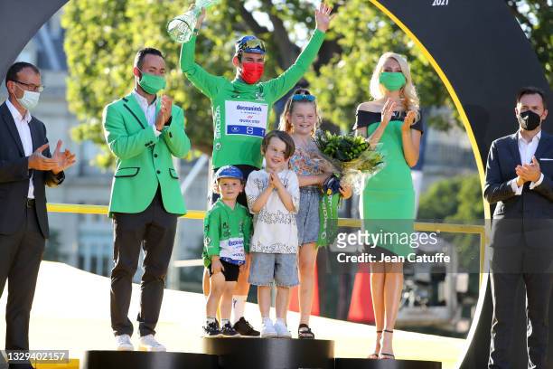Green jersey of Best Sprinter Mark Cavendish of Great Britain and Deceuninck - Quick Step and his children, Casper Cavendish , Frey Cavendish,...