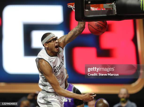 Isaiah Austin of Enemies dunks against Ghost Ballers during week two of the BIG3 at the Orleans Arena on July 18, 2021 in Las Vegas, Nevada.