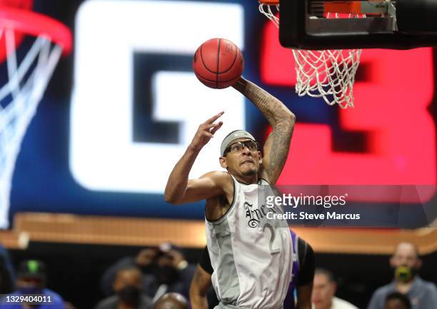 Isaiah Austin of Enemies dunks against Ghost Ballers during week two of the BIG3 at the Orleans Arena on July 18, 2021 in Las Vegas, Nevada.
