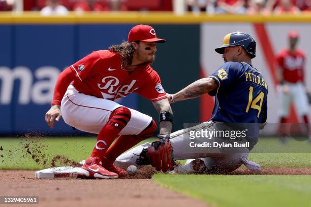 Jace Peterson of the Milwaukee Brewers slides into second base for a stolen base past Jonathan India of the Cincinnati Reds in the first inning at...