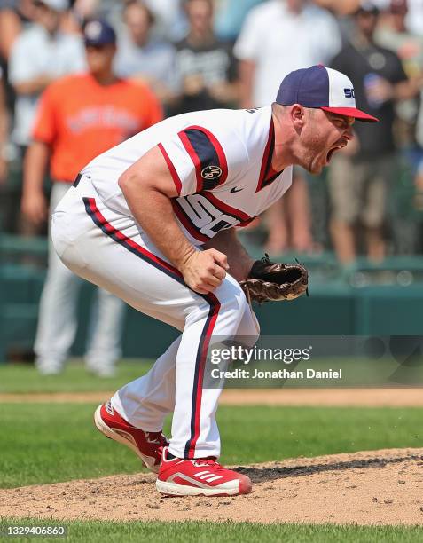 Liam Hendriks of the Chicago White Sox reacts after finishing off the Houston Astros in the 9th inning at Guaranteed Rate Field on July 18, 2021 in...