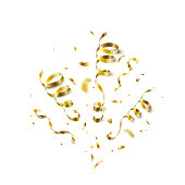 Gold confetti, serpentine ribbons isolated on white vector background. Glitter tinsel explosion in 3d realistic style for birthday, party, carnival