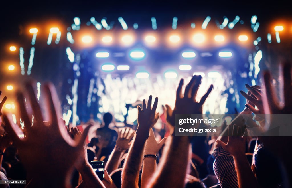 Un grande gruppo di persone ad una festa di concerti.