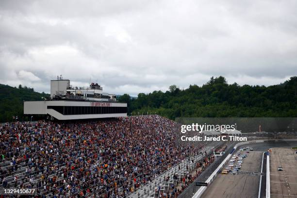 General view of the restart after a rain delay during the NASCAR Cup Series Foxwoods Resort Casino 301 at New Hampshire Motor Speedway on July 18,...