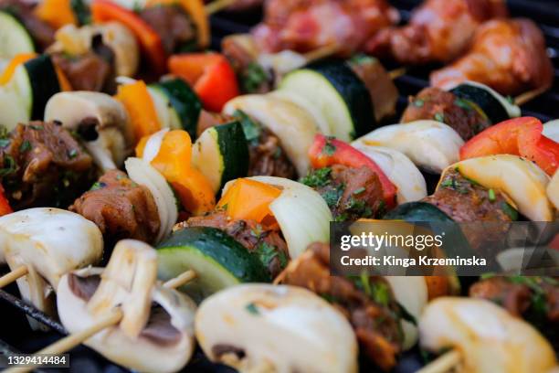 skewers on the barbecue grill - schaschlik stock-fotos und bilder