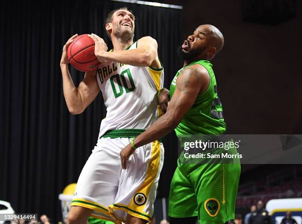 Spencer Hawes of Ball Hogs is defended by Andre Owens of Aliens during week two of the BIG3 at the Orleans Arena on July 18, 2021 in Las Vegas,...