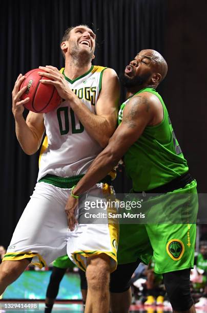 Spencer Hawes of Ball Hogs is defended by Andre Owens of Aliens during week two of the BIG3 at the Orleans Arena on July 18, 2021 in Las Vegas,...
