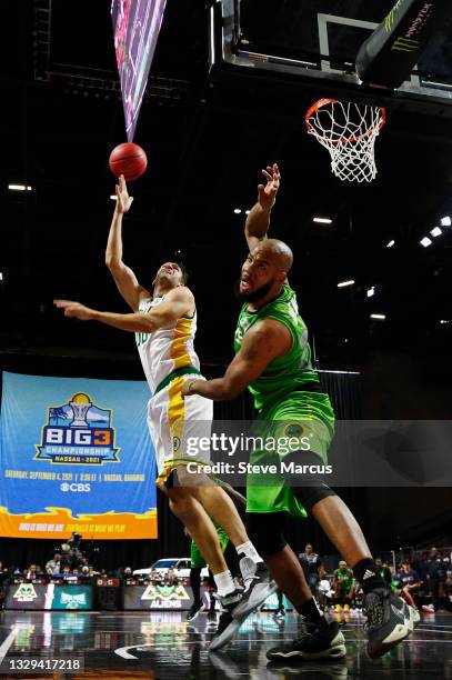 Spencer Hawes of Ball Hogs shoots against Andre Owens of Aliens during week two of the BIG3 at the Orleans Arena on July 18, 2021 in Las Vegas,...