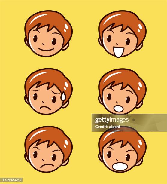 facial expression (emoticons) collection of teenage boys - annoyed face brunnette stock illustrations