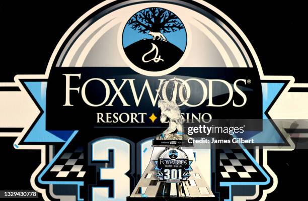 Detail of the NASCAR Cup Series Foxwoods Resort Casino 301 trophy in victory lane at New Hampshire Motor Speedway on July 18, 2021 in Loudon, New...