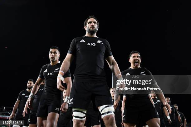 Rieko Ioane, Samuel Whitelock and Codie Taylor of the All Blacks perform the haka with the team ahead of during the International Test Match between...