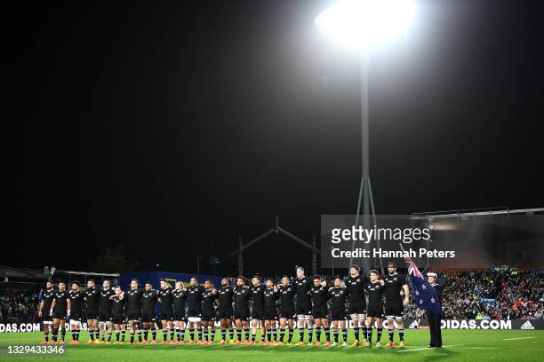The All Blacks sing the national anthem ahead of the International Test Match between the New Zealand All Blacks and Fiji at FMG Stadium Waikato on...
