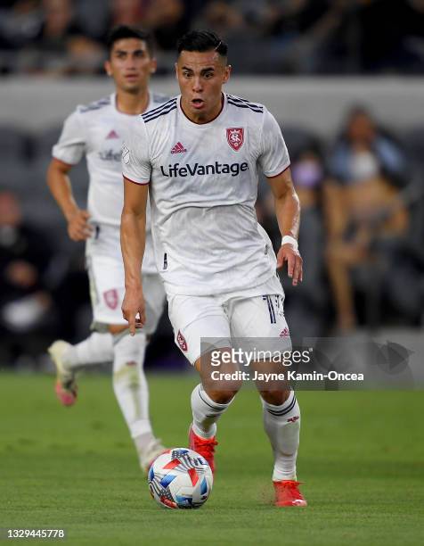 Rubio Rubin of Real Salt Lake passes the ball during the game at Banc of California Stadium on July 17, 2021 in Los Angeles, California.