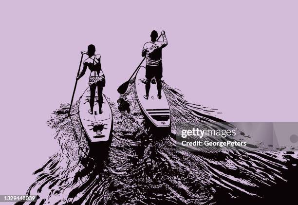 man and woman paddleboarding - surfing stock illustrations stock illustrations